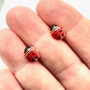 Womens Earrings 14K Gold Red Black Enamel Lady Bug Studs Pierced